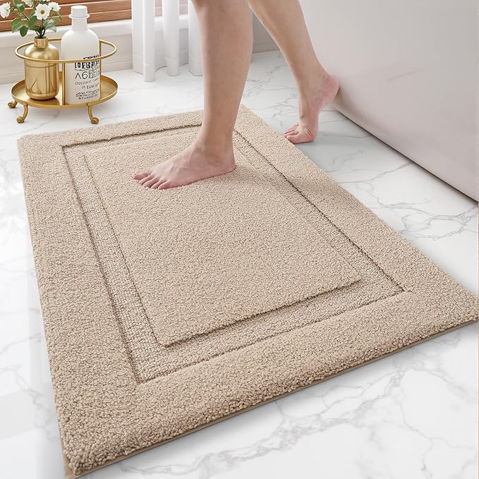LUMI Ultra Soft Bathroom Rugs Non Slip with Rubber Backing, Absorbent Washable Bath Mat Quick Dry, Upgraded Premium Microfiber Plush Carpet for Bathtub and Shower Floor, Beige, 24x36