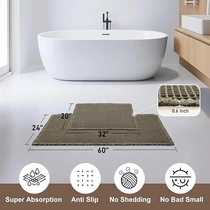 JIUZHEN Set of 2 Waffle Bath Mats Non Slip Waffle Bathroom Runner Rug Washable Boho Runner Bath Rugs Super Absorbent Shower Mat for Bathroom Kitchen Hallway Laundry, 20" x 32" +24" x 60", Olive Green