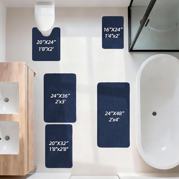 COSY HOMEER Toilet Rugs U-Shaped 24"x20",Soft Absorbent Bath Mat with Non-Slip TPR Backing, Machine Washable Shaggy Bath Rug for Toilet,Navy Blue