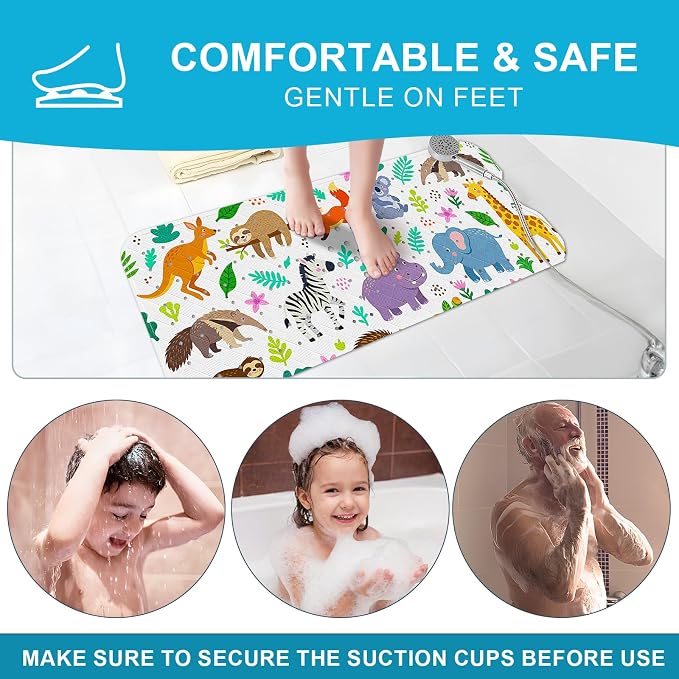 XIYUNTE Baby Bath Mat for Tub Non Slip Kids, BPA Free Extra Long Bathtub Mat 40x16 with Drain Holes and 200 Suction Cups, Non Toxic Machine Washable Toddler Bath Mat, Eco-Friendly Certified