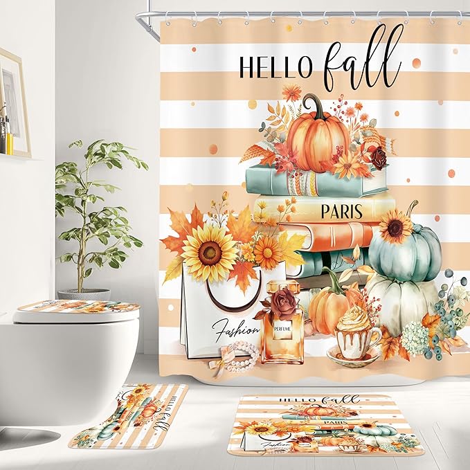 4Pcs Fall Autumn Shower Curtain Set, Pumpkin Sunflower Maple Leaf Bathroom Curtain with Rug, Toilet Lid Cover, Bath Mat, Burnt Orange Brown High Heels Books Shower Curtain with 12 Hooks