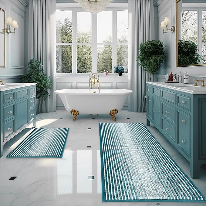 BSICPRO Bathroom Rugs and Mats Sets, 2 Piece Thick Absorbent Chenille Bath Mat Rug Set Non Slip, Soft Shaggy Bath Room Floor Mats for Bathroom, Machine Washable (Teal, 24" x 70" Plus 20" x 32")