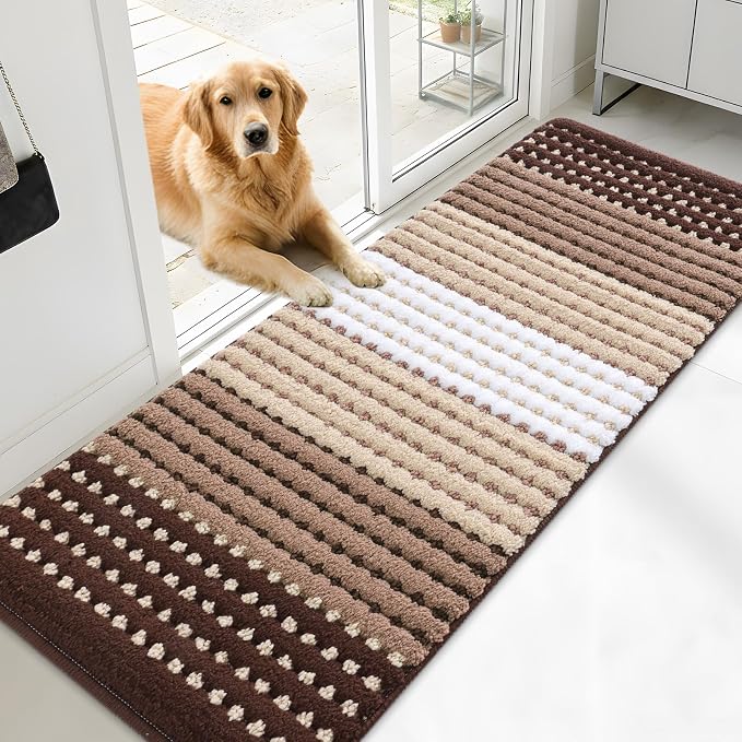 Kitinjoy Indoor Outdoor Door Mat, 71x24 Non-Slip Absorbent Dirt Trapper, Low-Profile Washable Inside Entrance Front Floor Mat, Sturdy Soft Entry Dotted Ombre Doormats for Entryway, Brown
