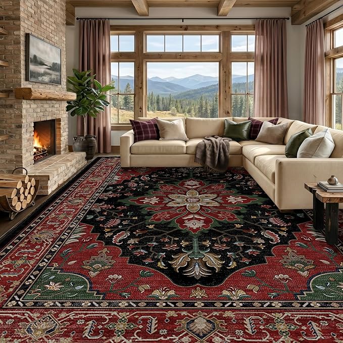 RELEANY Area Rugs Large 10'x14' Washable Non-Slip, Floral Vintage Distress Medallion Carpet for Living Room Bedroom Dining Room, Red Black