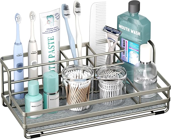 HapiRm Toothbrush Holders for Bathroom - 5 Partitions Bathroom Counter Organizer with Instant Drying Stone, Stainless Steel Countertop Storage Electric Toothbrush Toothpaste Holder - Brushed Nickel