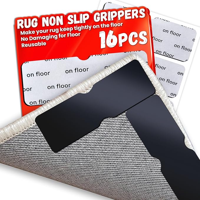 Rug Non Slip Grippers, Reusable Rug Tape Pads for Hardwood Floors, Tiles, No Residue Stickers for Wood Floor, Double Adhesive Carpet Tape for Area Rugs Corners Flat (16)