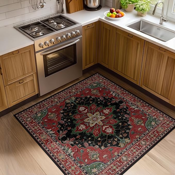 RELEANY Area Rugs Square 4ft Washable Non-Slip, Floral Vintage Distress Medallion Carpet for Living Room Bedroom Dining Room, Red Black
