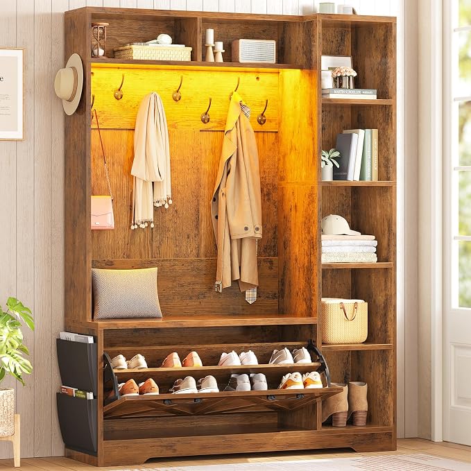 Itaar Hall Tree with Bench and Shoe Storage, Farmhouse Entryway Bench with Coat Rack, Shoe Cabinet with Flip Drawers, 7 Shelves, 10 Coat Hooks, Storage Bag, Led Lights, Rustic Brown