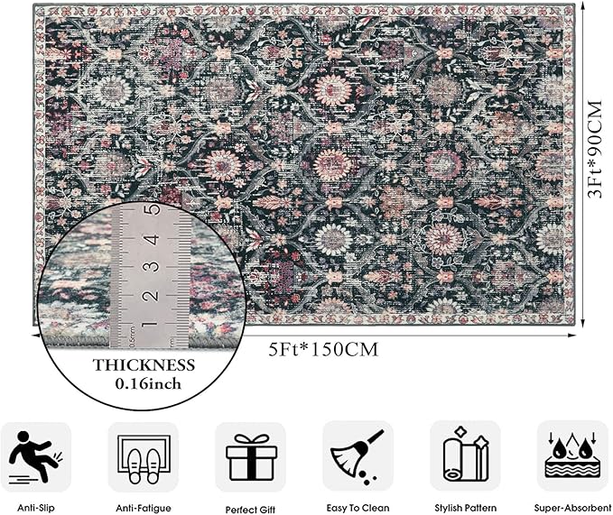 Lahome Moroccan Trellis Washable Small Area Rug, 3x5 Black Rug for Bedroom Living Room, Non-Slip Oriental Throw Carpet for Kitchen Office Entryway Bathroom Office Elise, Black/Multi