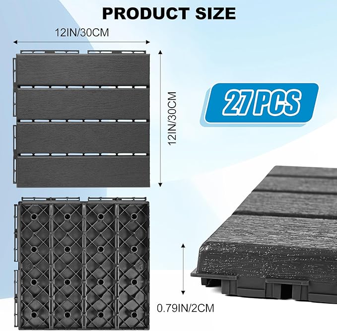 ToLanbbt Plastic Interlocking Deck Tiles 27 Pack 12"x12" Waterproof Indoor Outdoor Composite Patio Flooring Decking Tiles All Weather Use for Patio Porch Balcony Backyard Poolside, Dark Grey