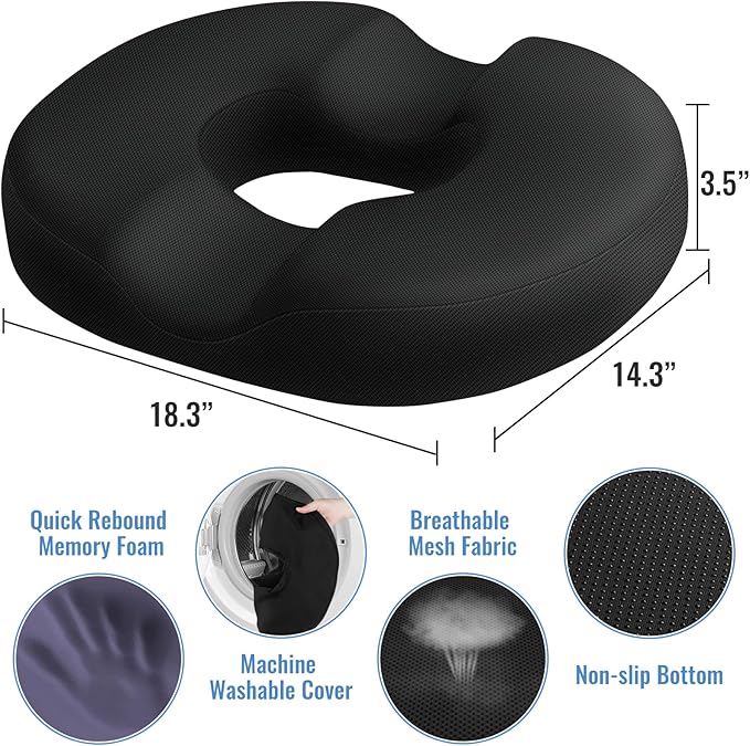 CloudBliss Donut Pillow Stadium Seat Cushion for Tailbone Pain Relief and Hemorrhoids, Memory Foam Seat Chair Cushion, Portable Seat Cushions for Bleachers, Car, Home & Office