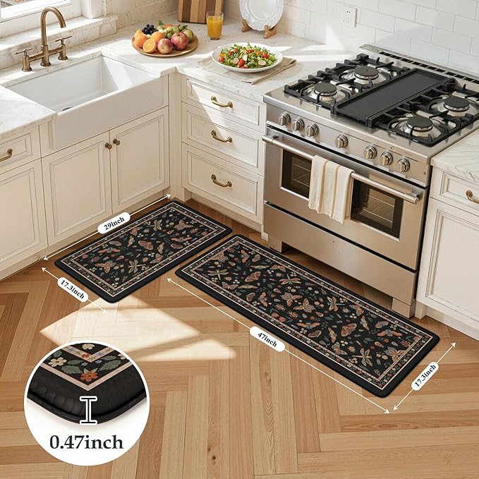 LEEVAN Anti Fatigue Mats for Kitchen Floor Non-Slip, Cushioned Kitchen Mats for Floor 2 Piece, Black Memory Foam Kitchen Mat Set, Waterproof Ergonomic Standing Mat for Bar, Office,Desk, Laundry