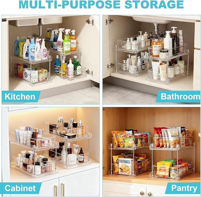 2 Tier Under Sink Organizer Bathroom Organizers and Storage, Clear Stackable Bathroom Cabinet Organizer, Multipurpose Pull-Out Home Organizer for Kitchen and Pantry Storage 2 Pack