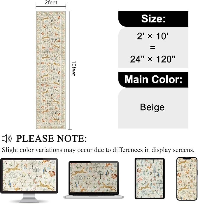 DUKINO 2x10 Rug for Hallway, Washable Kitchen Runner Rug with Non Slip Backing, Soft Low Pile Vintage Animal Runner for Bedroom, Kitchen, Hallway, Entryway, Laundry, White