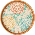 Round Rattan Tray with Mother of Pearl Inlay, Decorative Wicker Serving Tray with Wooden Base, Woven Basket Trays for Bread Fruits Coffee, Peony