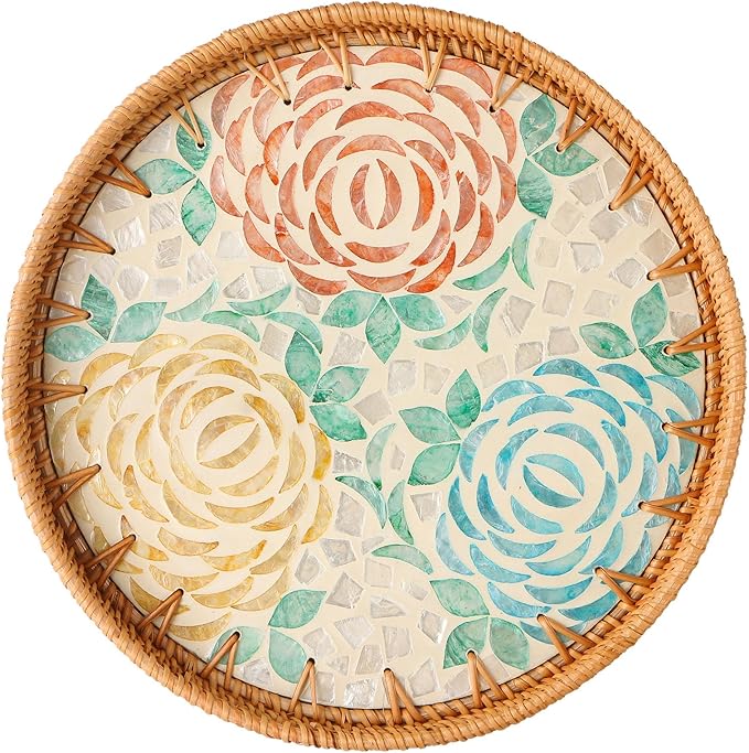 Round Rattan Tray with Mother of Pearl Inlay, Decorative Wicker Serving Tray with Wooden Base, Woven Basket Trays for Bread Fruits Coffee, Peony