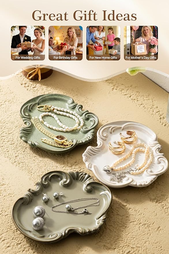 Ceramic Ring Dish, Jewelry Tray, Jewelry Dish, Cute Trinket Tray, Ceramic Trinket Dish, Small Key Bowl, Aesthetic Nightstand Organizer for Keys Coins, Trinket Tray for Vanity, Gift for Mom, Green
