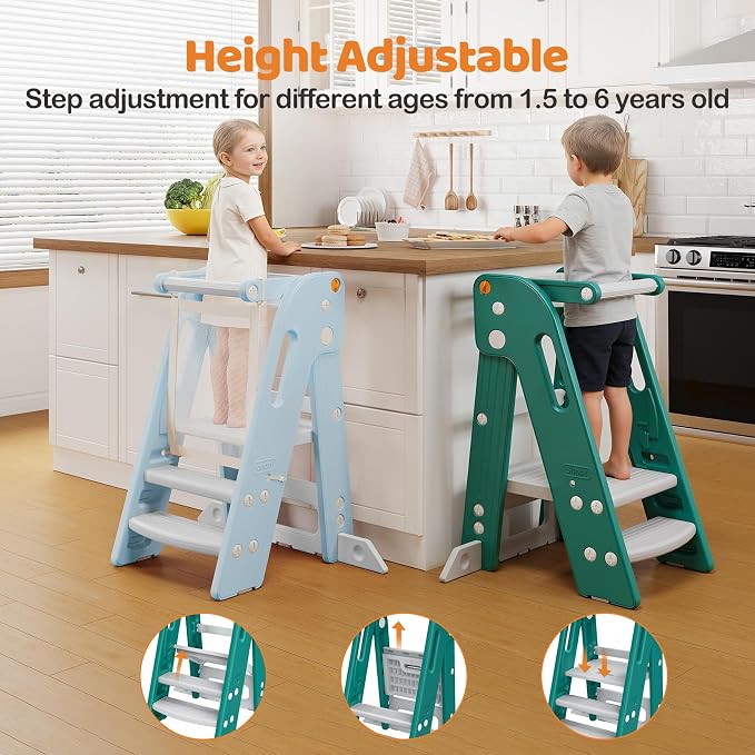 Onasti Toddler Standing Tower, Converts from 3-Step to 2-Step as Kids Grow, Space Saving Kids Kitchen Step Stool for Bathroom Sink, Kitchen Counter and Everyday Household Use-Green