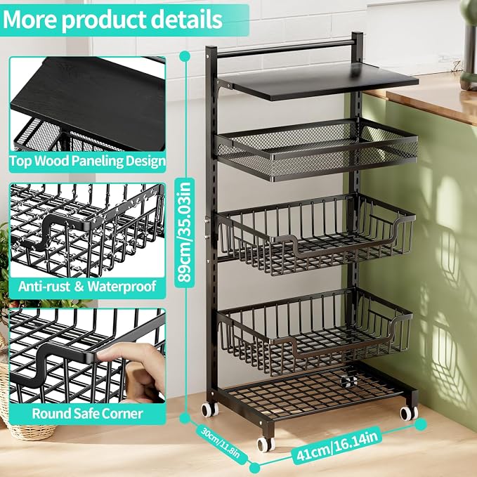 HapiRm Fruit Basket Kitchen Cart - 5 Tier Adjustable Vegetable Storage Rack, Large Capacity Rolling Kitchen Carts on Wheels for Snack Onion and Potato Storage