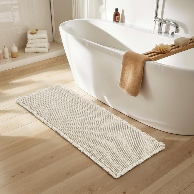 SUBRTEX Waffle Braided Bath Mat, 24" x 60" Soft Waffle Bath Rugs, Absorbent Non Slip Bathrooom Mats, Machine Washable Area Rug for Bathroom, Quick Dry, White