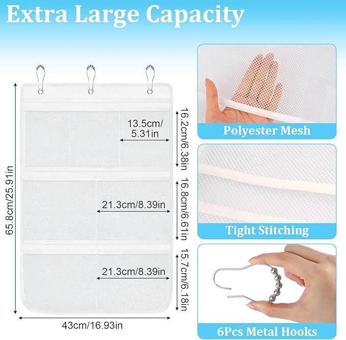 2 Pack Mesh Shower Caddy Hanging Organizer with 7 Pockets, Quick Dry Bathroom Storage Bag, Cruise Cabin and Dorm Essentials for Travel, Toiletry Organizer for Shampoo Soap