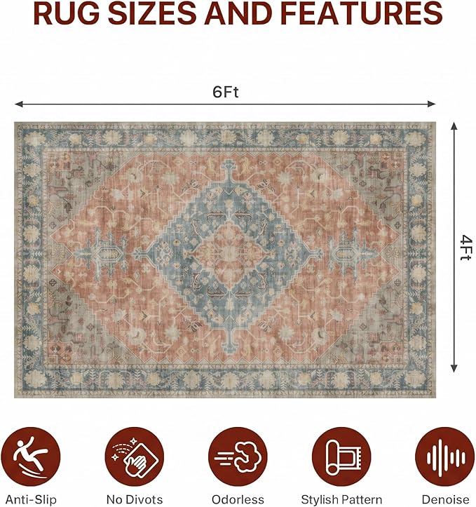 48"x72" Office Chair Mat for Hardwood Tile Floor, Under Desk Carpet Protector for Rolling Computer Chair Mat, Machine Washable Area Rug, Anti-Slip 1/5" Thick Low Pile Thin Vinyl Floor Mat, Terracotta