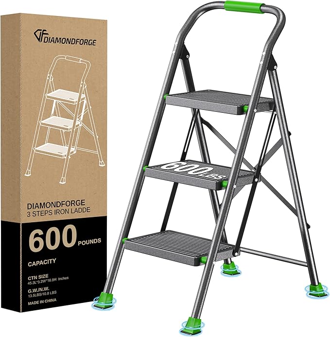 Step Ladder Foldable Folding Stool - for Home Adults Kitchen 3 Stepping Extension Tall Heavy Duty with Handrails - Closet Stepstool Stair Ladders Extendable Stepladder for Indoor House 600Lbs