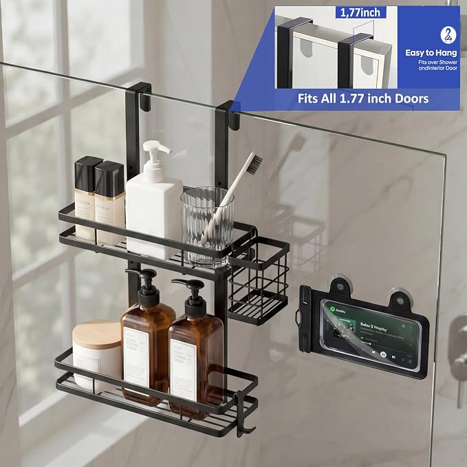 Over the Door Shower Caddy Hanging, Rustproof Shower Shelves with Waterproof Phone Pouch, 2-Tier Adjustable Bathroom Organizers and Storage, No Drilling Shower Shelf, Black Shampoo Soap Holder