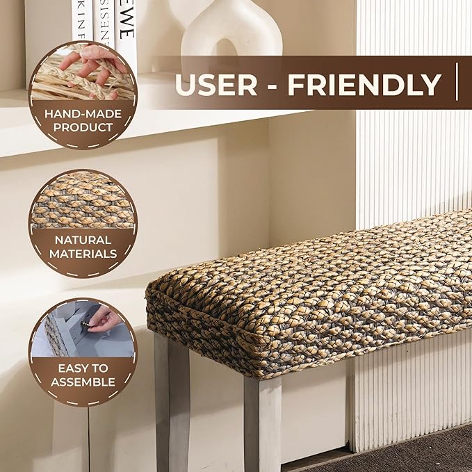 Solid Wood Acacia Indoor Bench with Natural Woven Water Hyacinth Seat, Wood Bench for Living Room or Entryway, Vintage Bench, Fishbone Style, Plait Style with Grey Leg