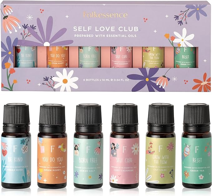 Folkulture Essential Oils Set | 6 Relaxing Fragrance Oils for Diffusers | Green Tea, Cashmere, Ocean Salt | Aromatherapy Gift Set for Her, Him | Graduation Gifts | Self-Care Lovers | Self Love Club
