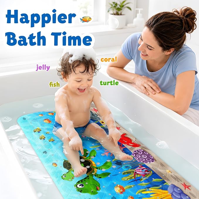 XIYUNTE Baby Bath Mat for Tub Non Slip Kids Bath Mat - 40''x16'' Extra Long Cartoon Bathtub Mat Non Slip Kids Shower Mat Eco-Friendly Toddler Bath Mats with Suction Cups, Machine Washable, Sea Turtle