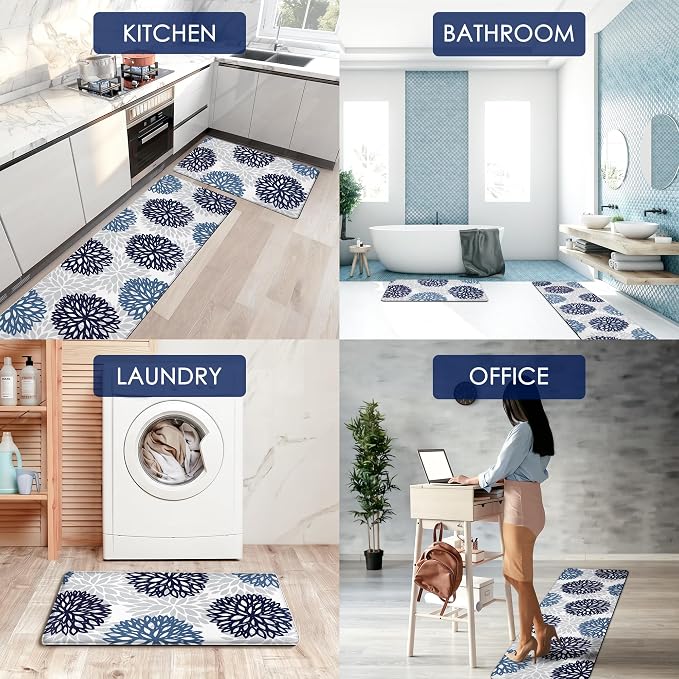 Kitchen Mats Set of 2 Cushioned Anti Fatigue Kitchen Rugs Non Slip Waterproof Runner Memory Foam Kitchen Floor Mat Comfort Standing Mat for Sink, Office, Laundry, Navy Teal