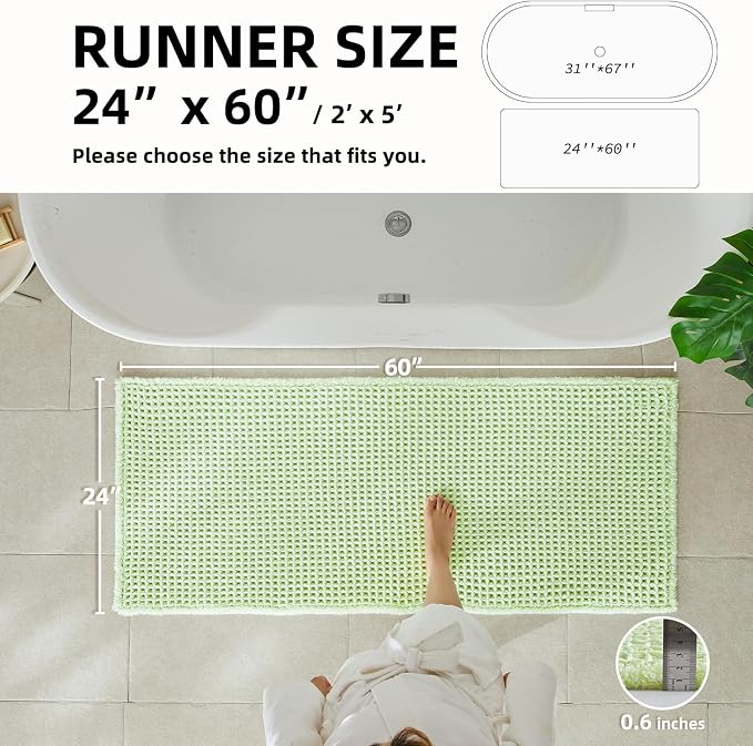 TYUU Waffle Runner Rug Bathroom, Boho Bathroom Rugs Non Slip Washable Long Super Absorbent Quick Dry Cute Bath Mat Farmhouse Bath Mat, 60"x24" Pale Green