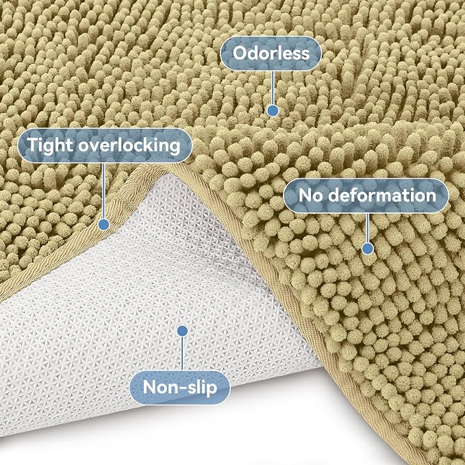 Bcoimo 36x24 Chenille Bath Mat – Non-Slip with Backing Bath Rug Ultra-Absorbent and Machine Washable Bathroom Mat Quick-Dry Design. Ideal for Bathroom Shower and Tub Areas