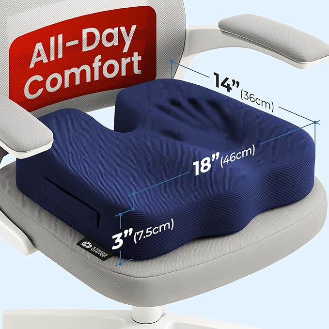 5 STARS UNITED Seat Cushion - Memory Foam Chair Cushion for Tailbone Pain Relief - Ergonomic Support for Coccyx, Sciatica & Butt - Office, Desk & Gaming Chair, Car Seat, Wheelchair, Airplane, Blue