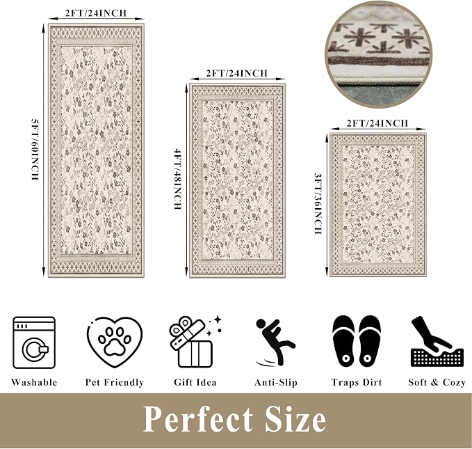 3-Piece Kitchen Rugs Set for Floor, Washable Non-Slip Farmhouse Kitchen Mats for Hardwood Floor, Rustic Floral Boho Runner Rug for Sink,Entryway & Hallway & Bathroom (Beige/Brown/Floral,2x3-2x4-2x5)
