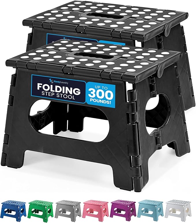 Handy Laundry Folding Lightweight Step Stool - Sturdy Enough to Support Adults - Opens Easy with One Flip - Great for Kitchen, Bathroom or Bedroom (Black | 2-Pack)