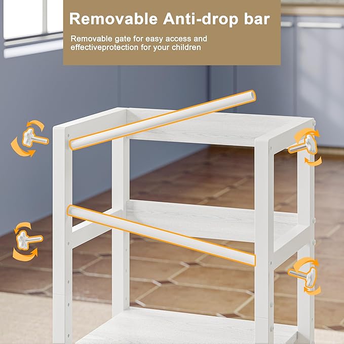 INNOD Kitchen Step Stool for Toddlers, Height Adjustable Toddler Tower with Safety Rail, Steel and Wood Toddler Kitchen Stool Helper Kids, Stool for Kids, Learning Tower, Kids' Desk White