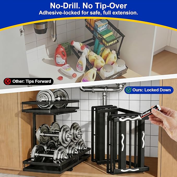 Under Sink Organizer, Dual-Rail Ball-Bearing, Under Kitchen Sink Organizer, 6-Level Adjustable, Under Cabinet Organizer, No-Drill Adhesive/Suction, Under Sink Storage (Black, Double Layer - 1 Pack)