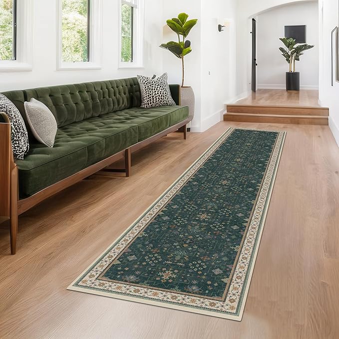 Hazo Haus Vintage Dark Green 2x10 Hallway Runner Rug - Modern Boho Eclectic Floral Pastel, Washable Low Pile Non-Slip Extra Long Runner Rugs for Kitchen, Bedroom