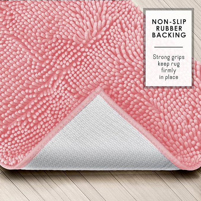 Hearth & Harbor Bathroom Rugs, Chenille Bath Mat - Machine Washable Bath Mats for Bathroom Non-Slip Backing Rubber, Quick Dry Bathroom Mat, 17 x 24 + 20 x 32 - Pink