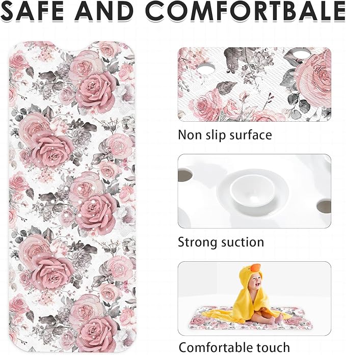 Pink Flower Leaves Bath Mat Non Slip, Floral Rose Spring 40 X 16 Inch Extra Long Bathtub Shower Mat for Tub Anti Slip with Suction Cups and Drain Holes for Kids Adults Elderly