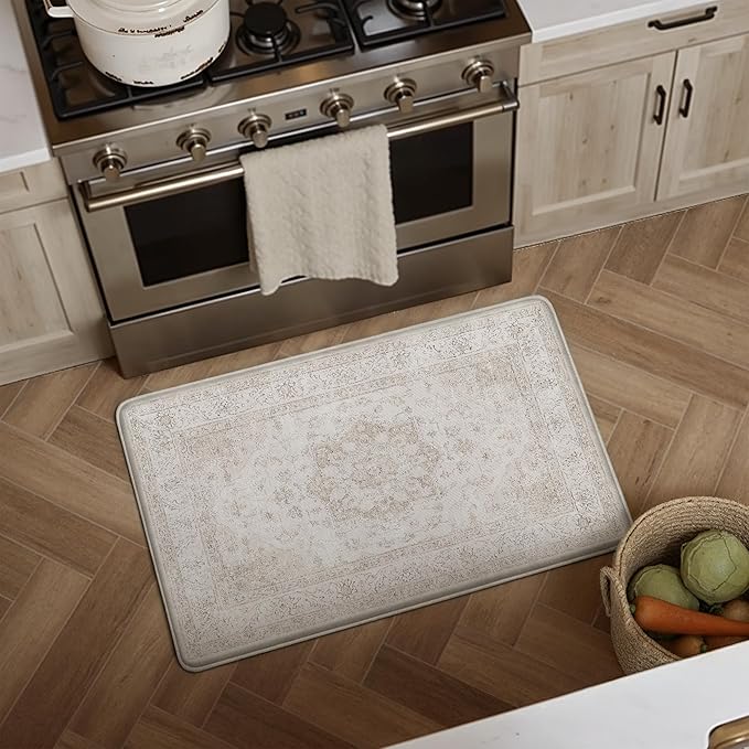 PureCozy Kitchen Mats 2PCS Anti Fatigue Cushioned Mat Beige Vintage Kitchen Mats for Floor Waterproof Non Slip Comfort Standing Oriental Medallion Rug for Sink Laundry Office 17.3"x47"+17.3"x30"
