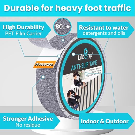 Lifegrip Anti Slip Traction Tape, 2 Inch x 60 Foot - Best Grip, Friction, Abrasive Adhesive for Stairs, Tread Step, Indoor, Outdoor, Grey (2" X 60')