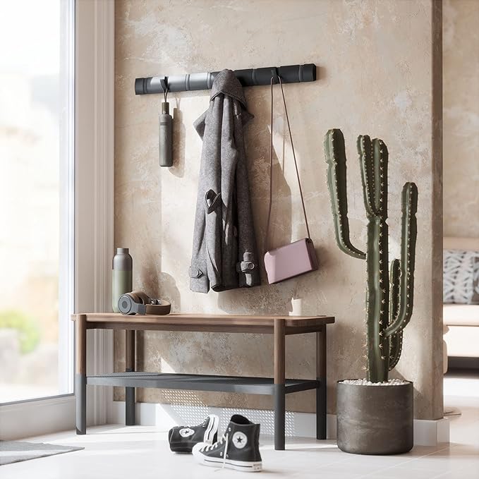 Umbra Flip Wall-Mounted Coat Rack with 8 Hooks – Modern, Space-Saving Storage for Hats, Jackets, Bags, Entryway, Mudroom, Closet, Bathroom, Bedroom – Black