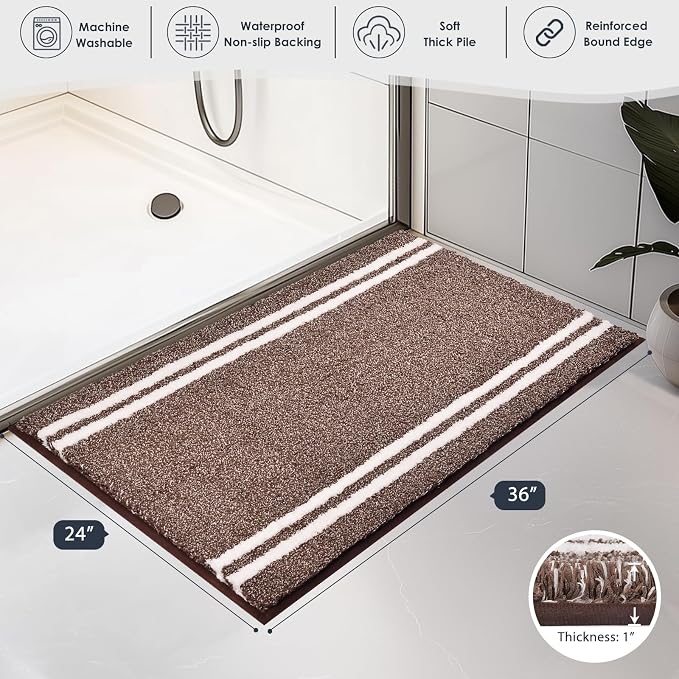 PURRUGS Bathroom Rug Non-Slip Machine Washable 24" x 36", Super Absorbent and Quick Dry Shaggy Microfiber Bath Mat, Extra Soft and Plush Bath Rug for Bathtub, Shower, and Sink, Brown