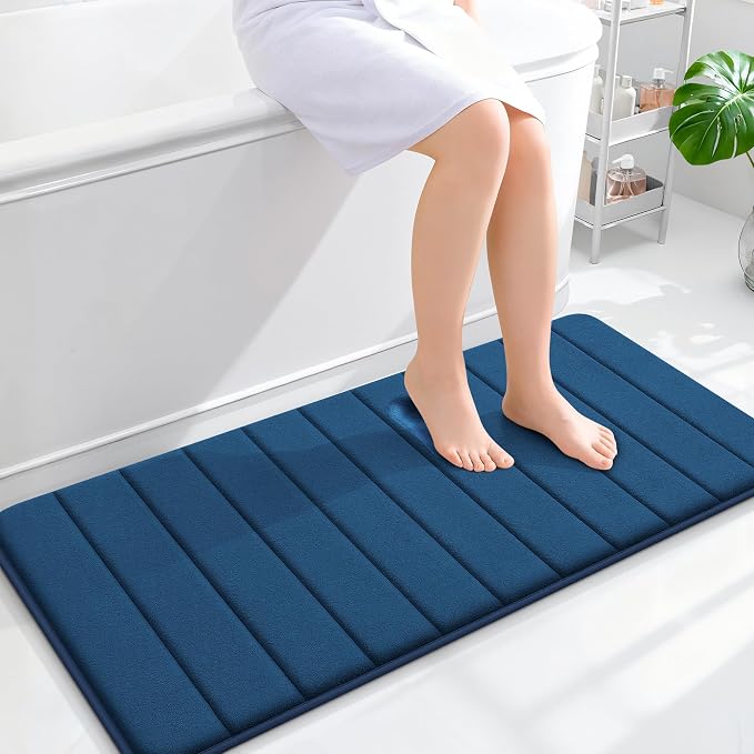 OLANLY Memory Foam Long Bathroom Rugs Runner 44x20, Super Soft Absorbent Bath Mat, Quick Dry, Machine Washable Shower Floor Rugs, Bathmat Carpet, Bathroom Home Decor Accessories, Navy Blue