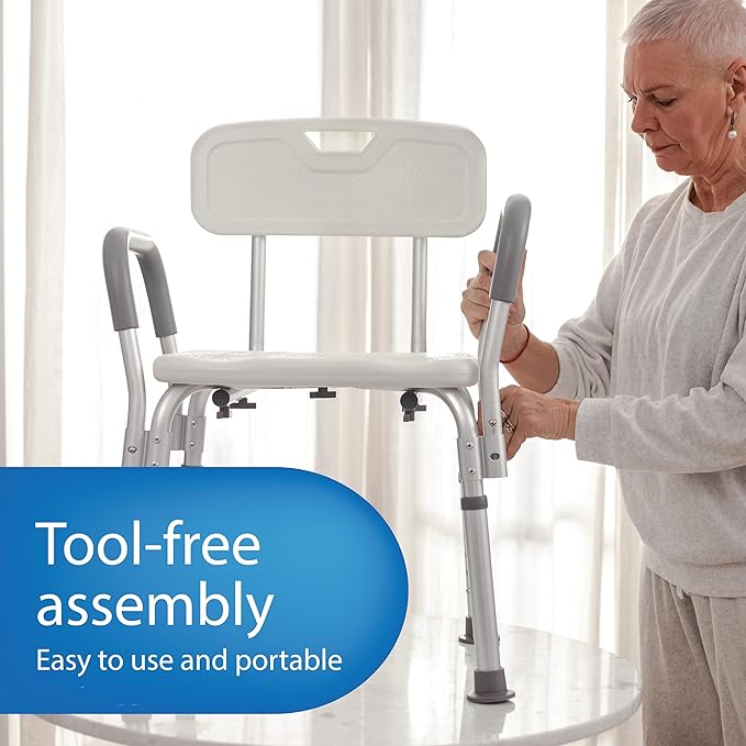 Medline Shower Chair with Backrest and Padded Armrests - 350 lb. capacity, Bath Bench, Seat, Stool for Independent Adult, Seniors, Elderly & Disabled Patients