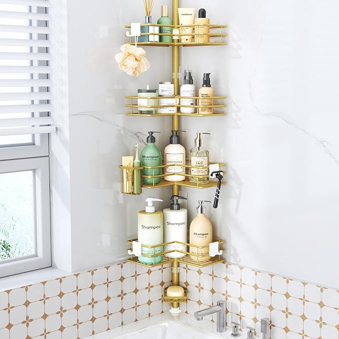 HapiRm Corner Shower Caddy Organizer - Shower Organizer Corner with Soap Holder, Toothbrush Holder and 4 Hooks, Rustproof Bathroom Shelf Tension Pole Available for 27.6 to 108.3 Inch - Gold