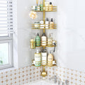 HapiRm Corner Shower Caddy Organizer - Shower Organizer Corner with Soap Holder, Toothbrush Holder and 4 Hooks, Rustproof Bathroom Shelf Tension Pole Available for 27.6 to 108.3 Inch - Gold